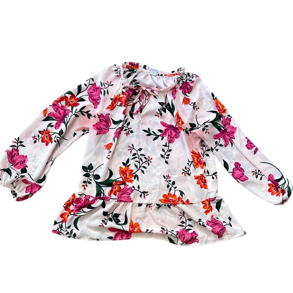 Old Navy Womens Pink Floral Long Sleeve Ruffle Tie Neck Blouse Top Small